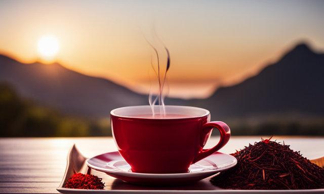 An image showcasing a vibrant cup of rooibos tea, brimming with an inviting crimson hue