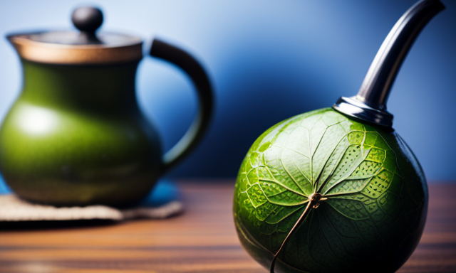 An image showcasing a vibrant green gourd filled with yerba mate leaves, surrounded by a steaming hot cup of mate, exuding a rich aroma, and a small digital clock displaying the time, indicating the energy boost provided by yerba mate