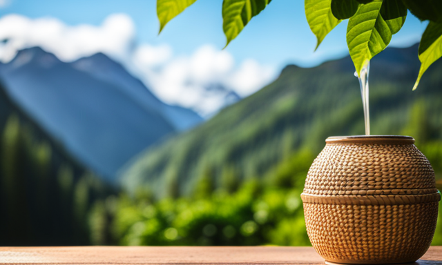 An image depicting a serene mountain landscape, with a cup of Eco Teas Yerba Mate Unsmoked placed on a wooden table surrounded by vibrant green leaves