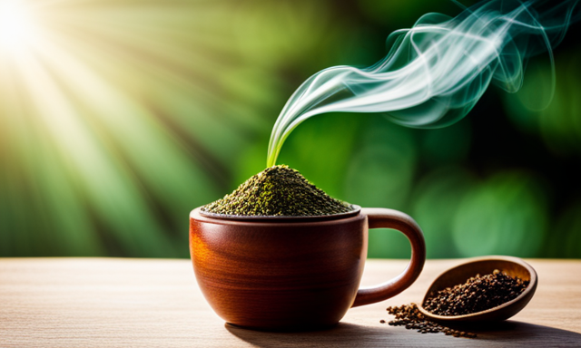 An image that portrays a steaming cup of loose leaf yerba mate, surrounded by vibrant green leaves