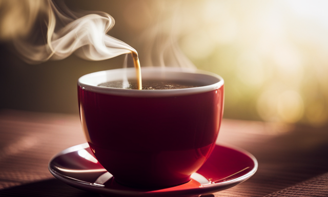 An image showcasing a steaming cup of rich oolong tea, its amber hue glistening in the sunlight
