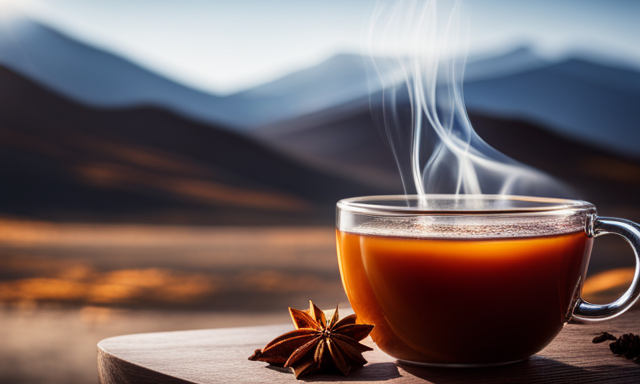 An image showcasing a steaming cup of Pumpkin Spice Rooibos, capturing the rich amber color of the brew, with fragrant spices wafting from the cup, and a subtle hint of caffeine energizing the scene