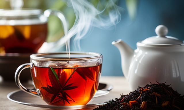 An image of a steaming cup of rooibos tea beside a delicate teapot of honeybush tea, both adorned with vibrant botanical elements, showcasing the rich earthy hues and enticing flavors of caffeine-free herbal infusions