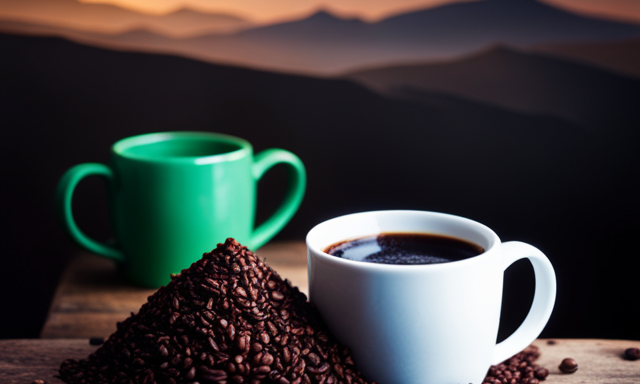 An image showcasing two identical-sized mugs side by side, one filled with rich, dark coffee and the other with vibrant green yerba mate, highlighting the contrasting colors and inviting readers to compare caffeine levels