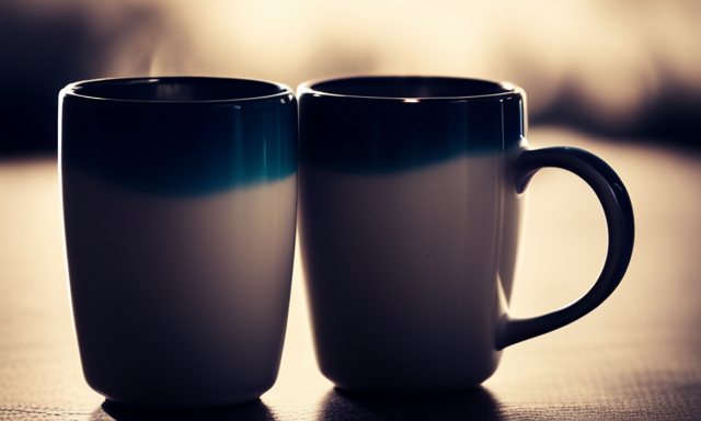 An image showcasing two identical size mugs side by side, one filled with rich, dark Oolong tea and the other with a steaming cup of coffee