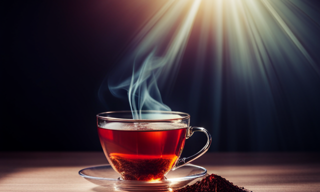 An image showcasing a steaming cup of deep red Rooibos tea, filled to the brim with delicate tea leaves