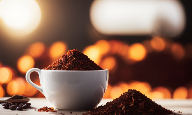 An image that depicts a steaming cup of Pumpkin Spice Rooibos tea, showcasing vibrant red rooibos leaves infused with aromatic spices, alongside a pile of pumpkin slices and a coffee bean, hinting at the caffeine content