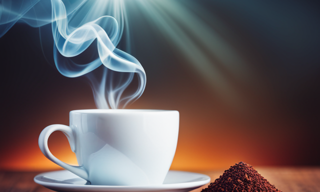 An image showcasing a vibrant cup of steaming rooibos tea, accompanied by a caffeine molecule graphic in the background