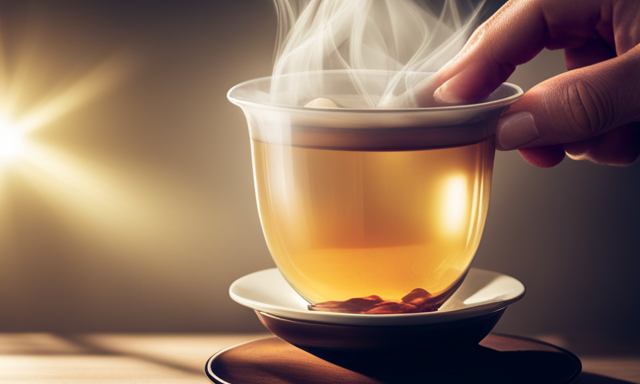 An image showcasing a steaming cup of oolong tea filled to the brim with delicate, golden-hued liquid