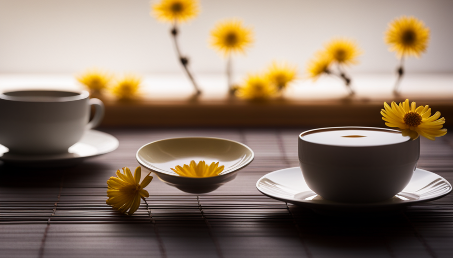 An image showcasing a serene tea ceremony scene, with delicate porcelain teacups filled to the brim with golden-hued chrysanthemum tea