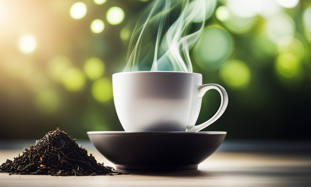 An image showcasing a steaming cup of Oolong tea, surrounded by vibrant green tea leaves