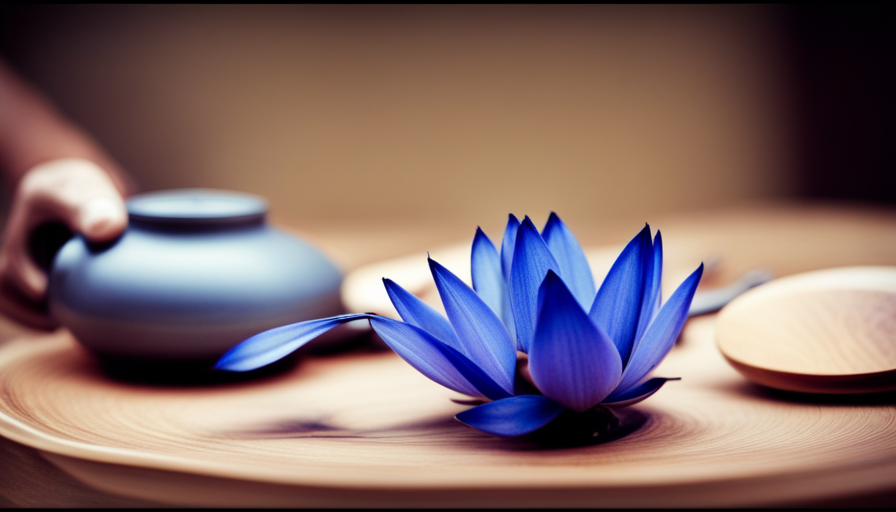 An image capturing the delicate process of hand-measuring dried blue lotus flower petals, as they gracefully fill a ceramic teapot, ready to infuse their intoxicating aroma and vibrant color into a steaming cup of tea