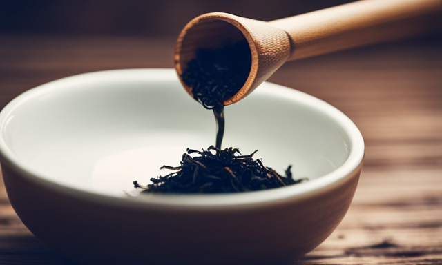 An image showcasing a rustic wooden tea scoop gently pouring a precise amount of dry leaf Oolong tea into a delicate, transparent teacup, capturing the perfect measurement for a single cup