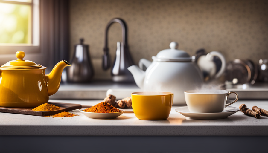 An image of a serene, sunlit kitchen counter with a vibrant yellow teapot pouring steaming ginger turmeric tea into a delicate, transparent teacup, showcasing the recommended daily amount for combating inflammation