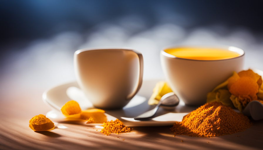 An image showcasing a steaming cup of ginger turmeric tea, poured into a delicate floral teacup