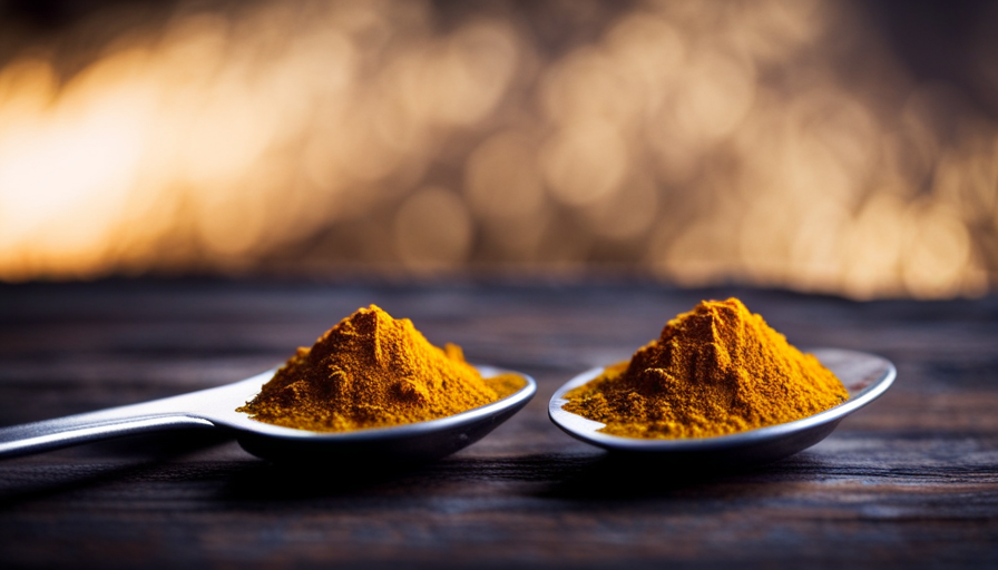 An image showcasing a leveled teaspoon of vibrant golden turmeric powder, delicately poised on a sleek silver teaspoon against a backdrop of a rustic wooden surface, evoking a sense of warmth and culinary possibilities