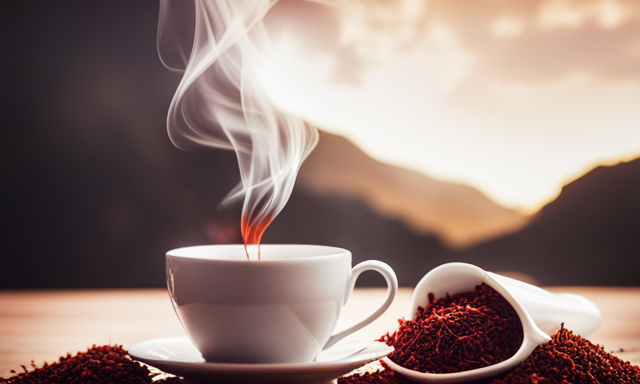 An image showcasing a vibrant cup filled with rich, deep-red rooibos tea, capturing the delicate steam rising from it