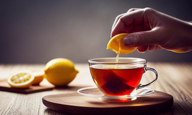 An image showcasing a cup of vibrant red Rooibos tea being gently infused with a slice of lemon
