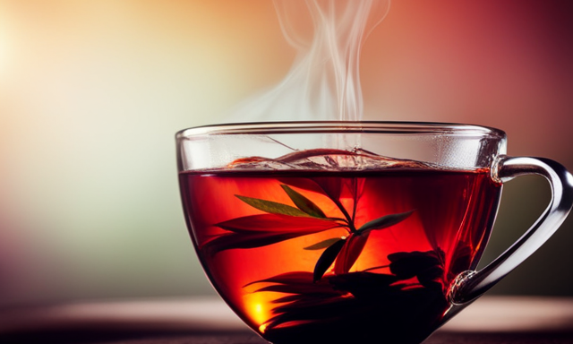 An image capturing the essence of a cup of steaming rooibos tea, rich in color and aroma, with a vibrant red hue against a backdrop of lush green tea leaves, subtly highlighting the magnesium content within