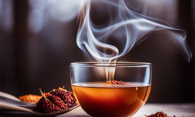 An image depicting a steaming cup of rooibos tea, infused with a rich, caramel hue