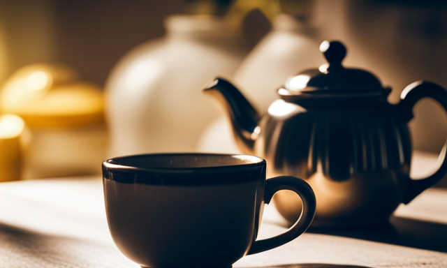 An image showcasing a serene, sunlit kitchen counter with a steaming cup of golden Oolong tea, surrounded by a collection of beautifully crafted teaware, hinting at the potential for weight loss benefits