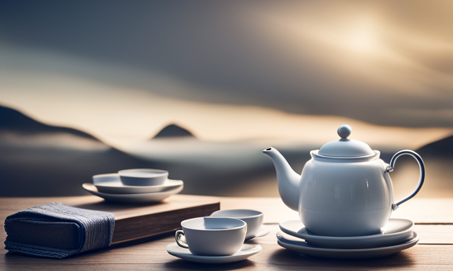 An image showcasing a serene, minimalist tea set laid out on a wooden table