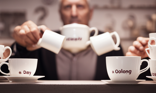 An image of a person holding a teacup, surrounded by multiple teapots, each labeled with different quantities of oolong tea (e