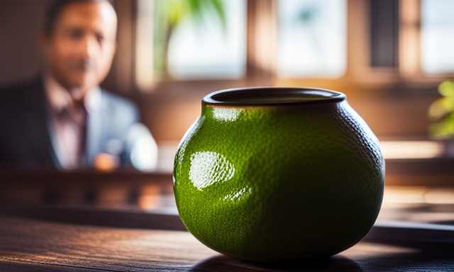 An image showcasing the rich green leaves of Yerba Mate, gently steeping in a vibrant ceramic gourd