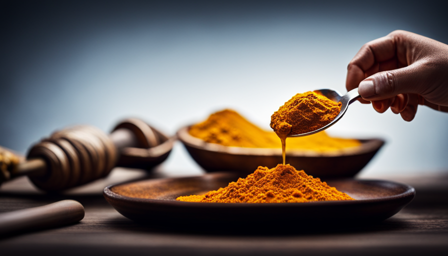 An image showcasing a hand holding a measuring spoon filled with powdered turmeric, gently pouring it into a glass jar