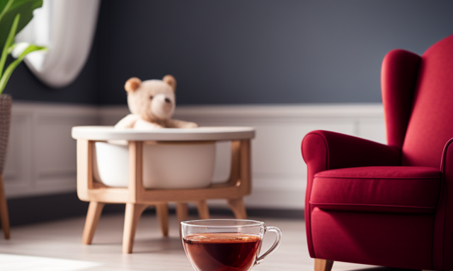 An image featuring a serene nursery with a cozy armchair and a delicate teacup filled with rooibos tea, accompanied by a baby bottle filled with the same tea, highlighting the topic of safe rooibos tea consumption for babies