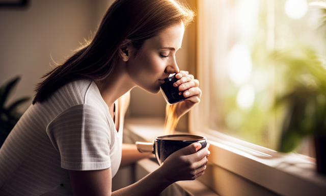 An image showcasing a serene, expectant mother comfortably sipping a steaming cup of rooibos tea, while delicate rays of sunlight filter through a window adorned with lush potted plants
