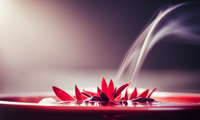 An image showcasing a serene bathtub filled with warm water infused with vibrant red hues of Rooibos tea leaves