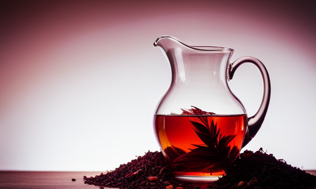 An image showcasing a transparent glass pitcher filled with precisely measured 1 quart of rich, deep red Rooibos tea, gently steeping, with vibrant tea leaves swirling gracefully at the bottom
