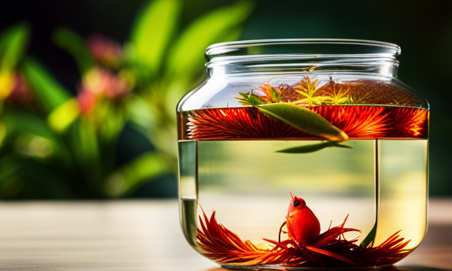 An image showcasing a clear glass gallon container filled with refreshing golden-hued Rooibos tea, beautifully infused with vibrant red betta fish swimming gracefully amidst the delicate tea leaves, conveying the perfect harmony between nature and pet care