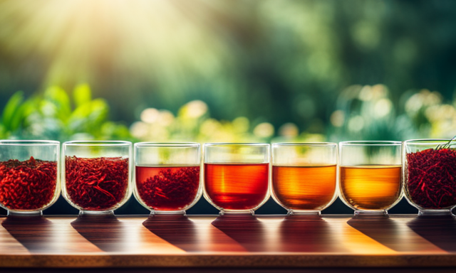 Nt image of a neatly arranged row of six colorful tea cups, each filled with steaming red rooibos tea, surrounded by freshly picked rooibos leaves and a measuring spoon, against a backdrop of a serene garden