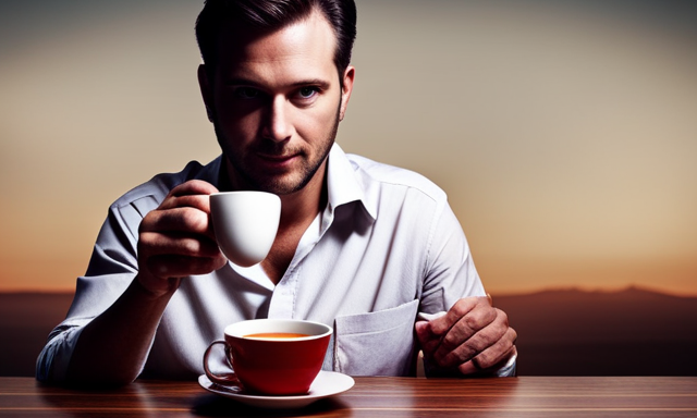 An image depicting a serene scene with a person enjoying a cup of Rooibos tea, surrounded by four empty cups symbolizing moderation