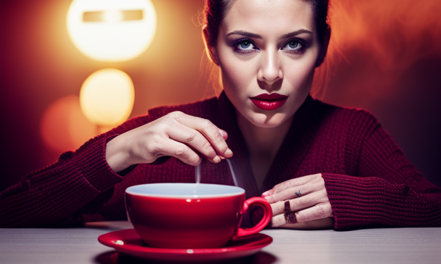 An image that showcases a serene scene of a person sipping a warm cup of rooibos tea, as the steam gently rises, surrounded by a vibrant red hue, symbolizing the potential of rooibos tea to lower blood pressure