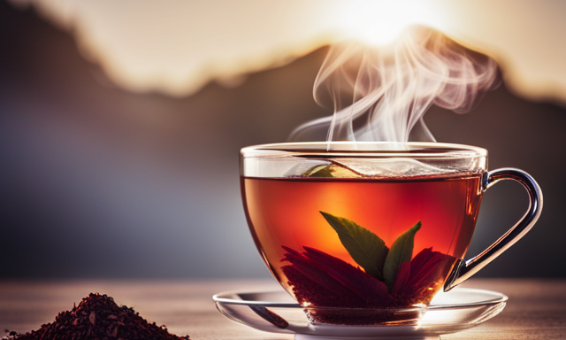 An image showcasing a vibrant cup of Rooibos tea, with the tea leaves elegantly dancing in the steamy brew