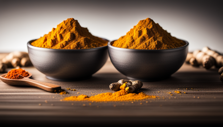 An image showcasing a diverse array of turmeric and ginger supplements, neatly arranged in varying doses and sizes, highlighting the perfect balance and quantity for optimal consumption