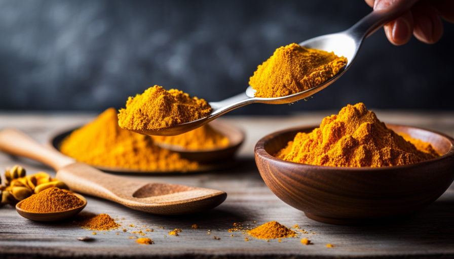 An image showcasing a spoonful of golden turmeric powder gently sprinkling into a vibrant smoothie, surrounded by various measuring spoons, illustrating the different recommended daily amounts of turmeric for a healthy lifestyle