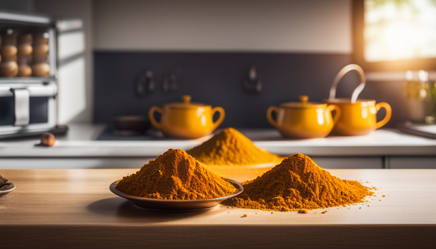 An image showcasing a serene, sunlit kitchen counter adorned with three steaming mugs of vibrant golden turmeric tea, radiating warmth and healing properties, symbolizing the recommended daily intake for combating inflammation