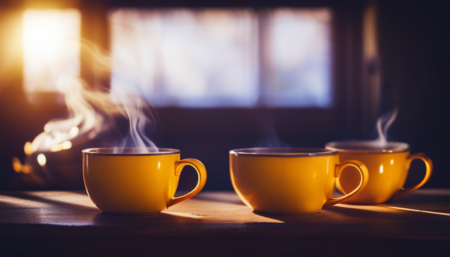 An image featuring a cozy kitchen scene with a wooden table adorned with three steaming mugs of vibrant golden turmeric tea