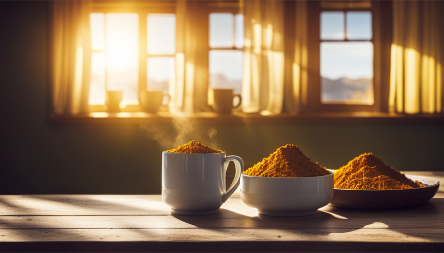 An image featuring a cozy kitchen scene with a wooden table adorned with three steaming mugs of vibrant golden turmeric tea