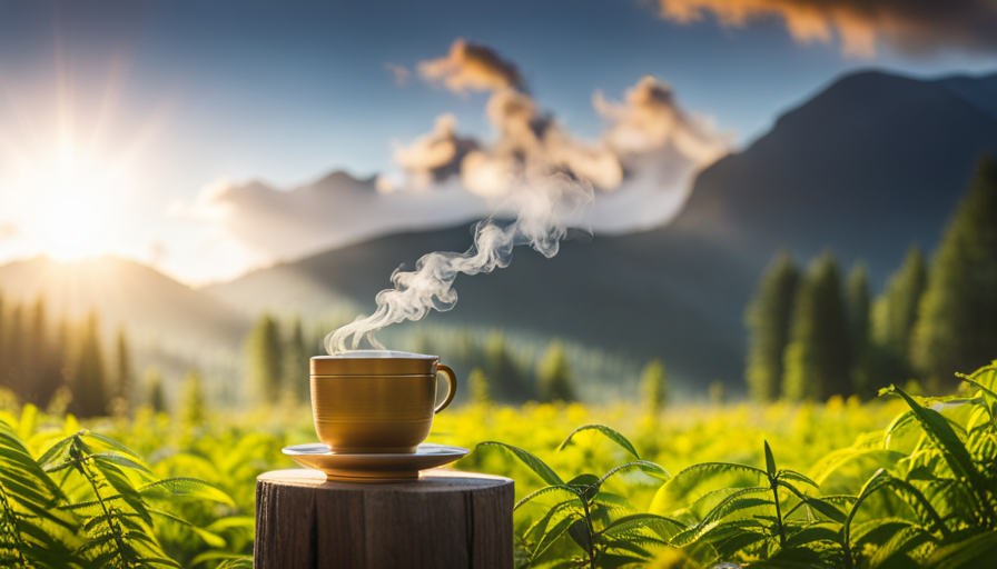 An image of a serene scene with a person holding a steaming cup of vibrant golden turmeric tea, surrounded by lush greenery