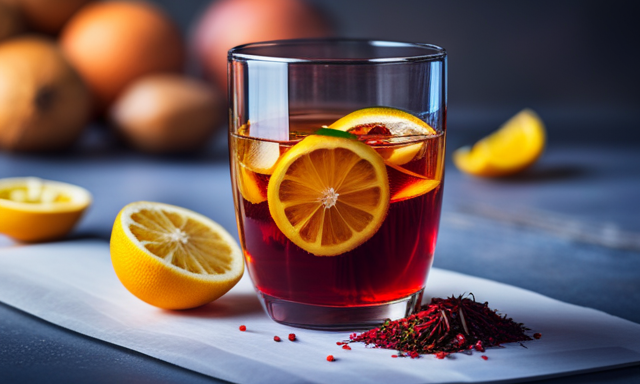 An image showcasing a glass of vibrant red Rooibos tea, brimming with citrusy aroma