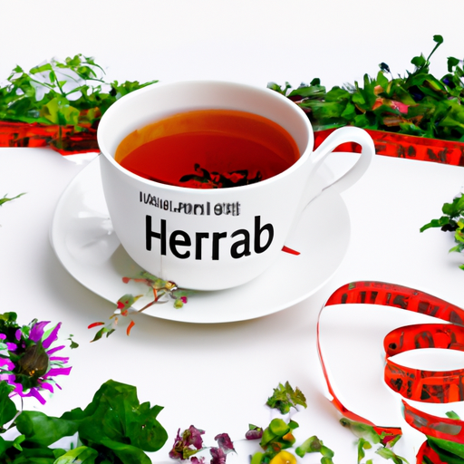 An image showcasing a slimming journey: A mesmerizing cup of herbal tea, steam gracefully rising, surrounded by vibrant, freshly-picked herbs