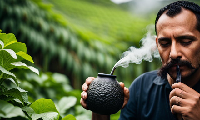 An image showcasing a serene scene of a person sipping yerba mate from a traditional gourd, surrounded by a lush yerba mate plantation, with steam rising from the cup, hinting at the invigorating aroma and the question of just how much can be enjoyed