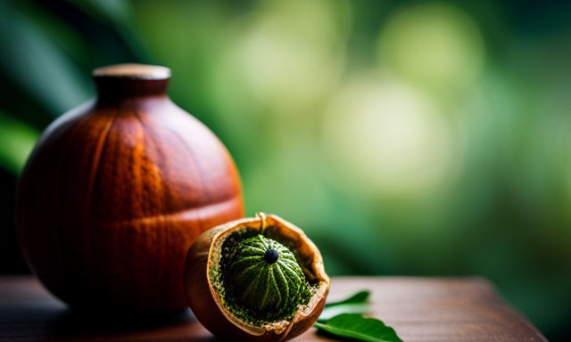 An image showcasing a traditional gourd filled with yerba mate, delicately revealing the perfect balance between the vibrant green leaves and the rich, earthy brown hues of the brewed infusion