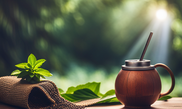 An image depicting a cozy wooden table adorned with a steaming cup of yerba mate, a rustic gourd, and a traditional metal straw