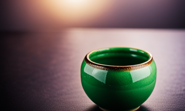 An image showcasing a vibrant green ceramic cup filled with finely ground yerba mate leaves, delicately poured with hot water, capturing the ideal ratio of 1 tablespoon of yerba mate leaf per cup